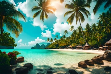 Fototapeta na wymiar Exotic tropical beach landscape for background or wallpaper. Design of tourism for summer vacation travel holiday destination concept.