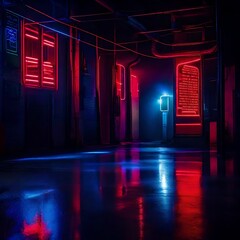 spotlight on stage with spotlight, dark and deserted night scene, where the wet asphalt reflects the radiant glow of red and blue neon lights