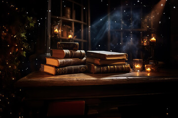 Ornamented antique books on old wooden table, with lights and candles around, magic and fantasy atmosphere