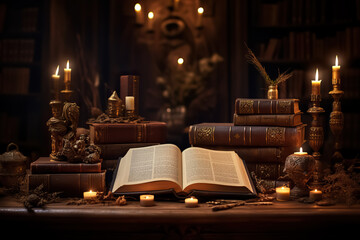 Antique books on old wooden table, with lights and candles around, magic and fantasy atmosphere - obrazy, fototapety, plakaty