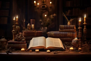Fototapeten Antique books on old wooden table, with lights and candles around, magic and fantasy atmosphere © Mighty