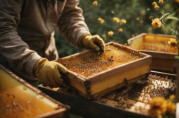 Beekeeping, hands collecting honey.