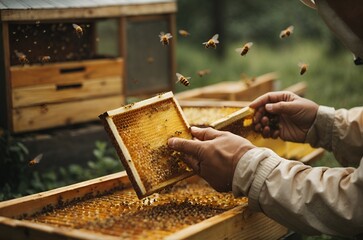 Beekeeping, hands collecting honey.