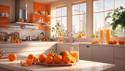 "Sunlit Citrus Delight: Tangerine Symphony in Modern Kitchen"