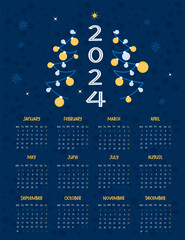 2024 annual calendar. Modern Christmas tree with yellow and blue balls toys on blue background. Vector vertical template 12 months in English. Week on Monday. Stationery, organizer, planning.