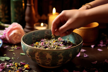 Detail of hands preparing a winter herbal blend for a steam facial, with fresh mint, chamomile flowers, and rose petals in a ceramic bowl