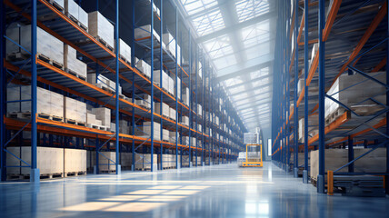 big warehouse with high racks, narrow aisles, vna warehouse, perspective view with a supervior monitoring in between the aisle - obrazy, fototapety, plakaty