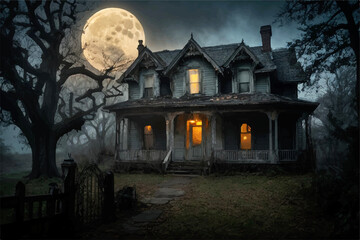 Haunted house with full moon. Halloween theme.