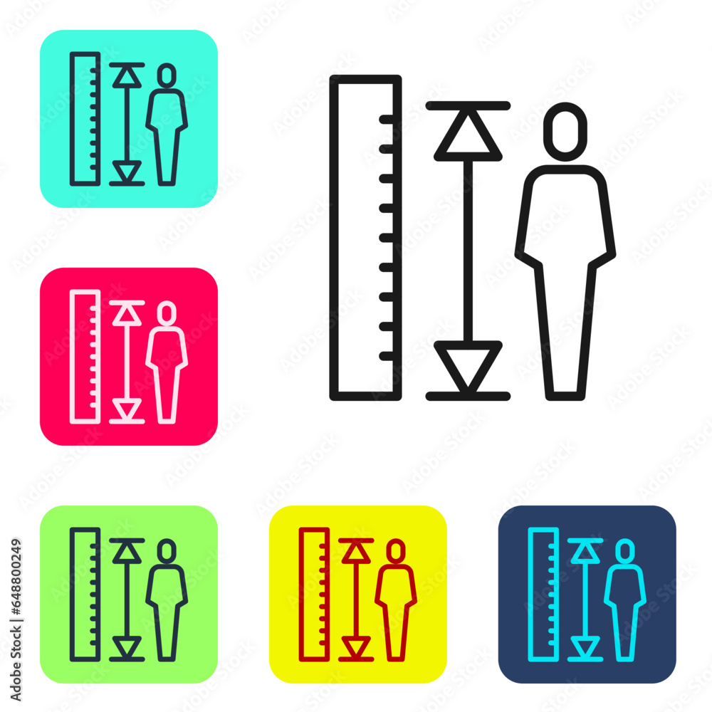 Poster black line measuring height body icon isolated on white background. set icons in color square button