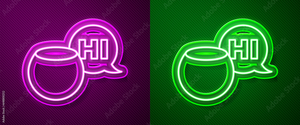 Poster glowing neon line voice assistant icon isolated on purple and green background. voice control user i
