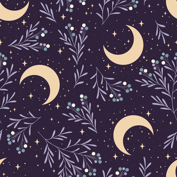 Vector purple seamless pattern with moon, plants and stars. Mystical esoteric background for design of fabric, packaging, astrology, phone case, wrapping paper.