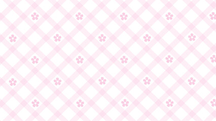 Diagonal pink checked pattern and flowers on the white background