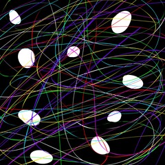 Interwoven multicolored strings with white blob isolated on black background. Hand drawn modern abstract artwork. 