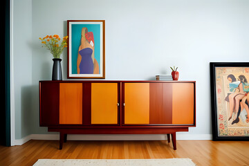Retro, wooden cabinet and a painting in an empty living room interior with white walls and vertical artworks