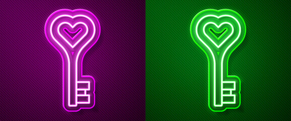 Glowing neon line Key in heart shape icon isolated on purple and green background. Happy Valentines day. Vector