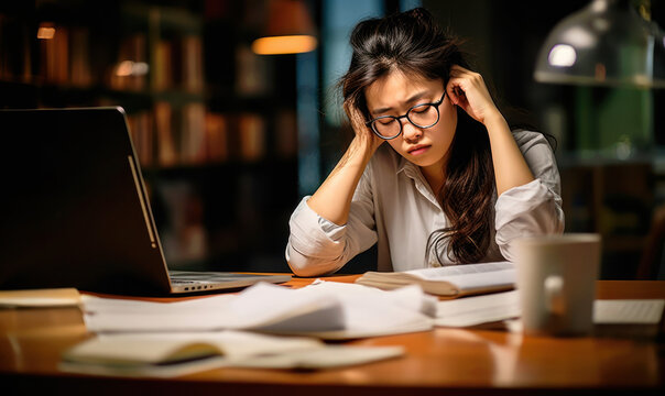 Asian woman working with papers all over the desk, overworked and stressed concept, late night studying