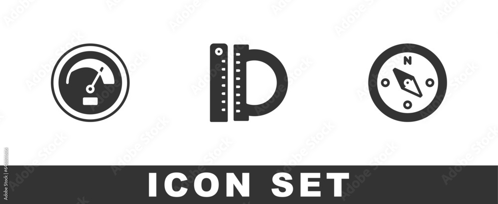 Poster set speedometer, protractor and ruler and compass icon. vector