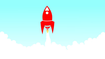 Red color abstract rocket flying over clouds with cyan color sky illustration background.