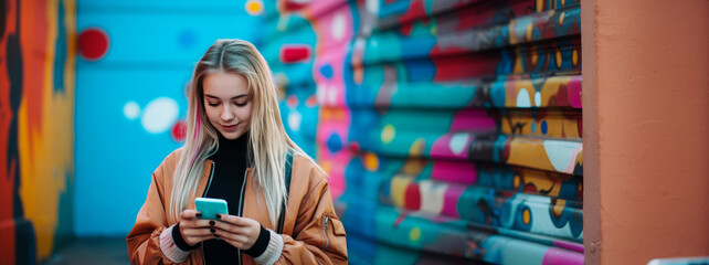 Fototapeta premium urban teenage girl with mobile phone with colorful background