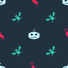 Set Zombie finger, Pumpkin and Flying bat on seamless pattern. Vector