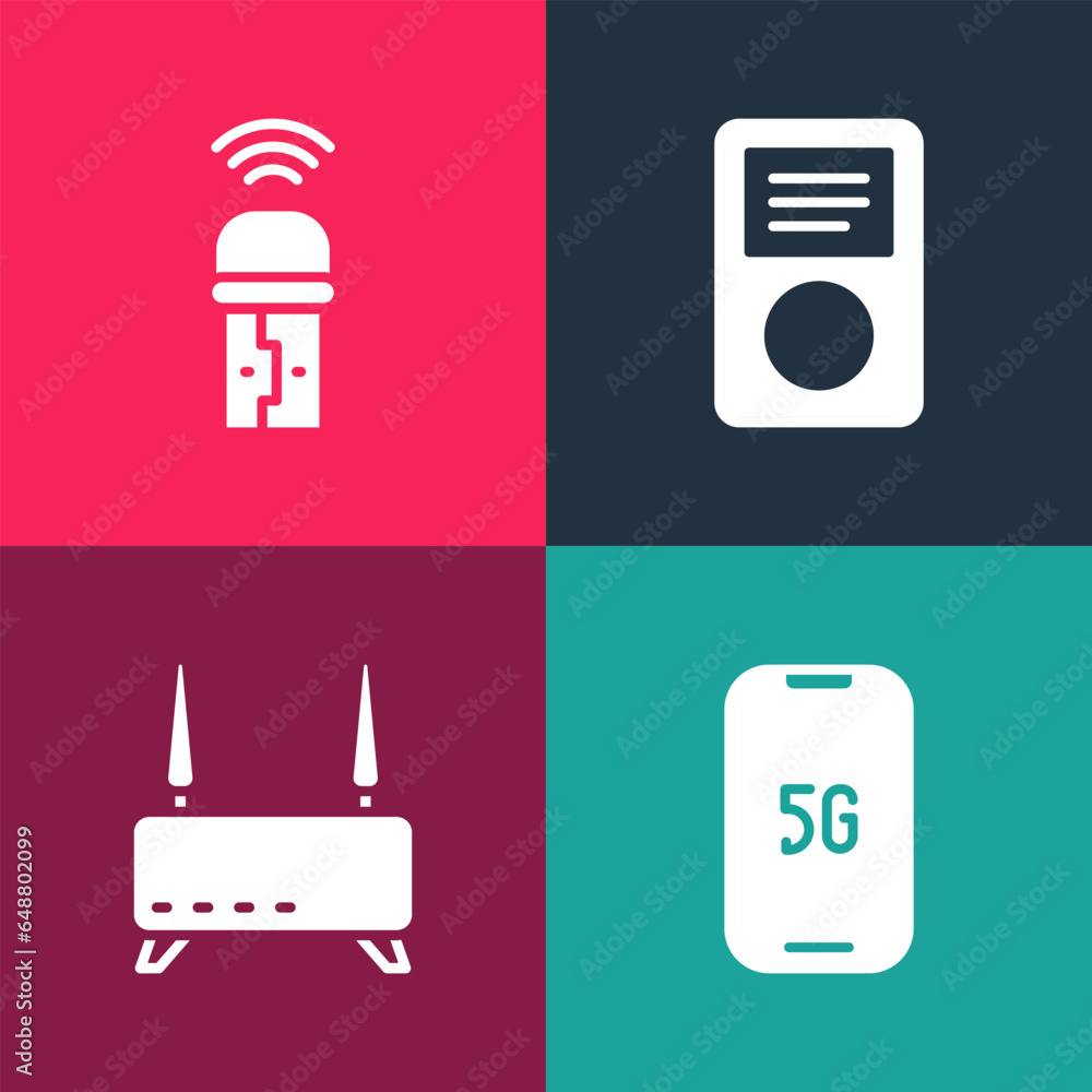 Poster set pop art mobile with 5g, router and wi-fi signal, music player and usb wireless adapter icon. vec