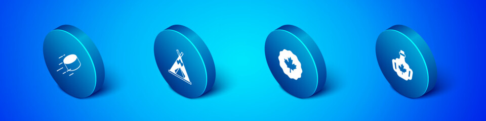 Set Isometric Hockey puck, Canadian maple leaf, Bottle of syrup and Indian teepee or wigwam icon. Vector © Kostiantyn