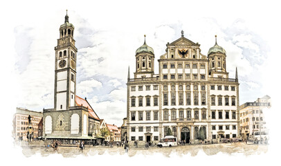 Obraz premium Perlachturm Tower, Town Hall Square, Augsburg, Germany