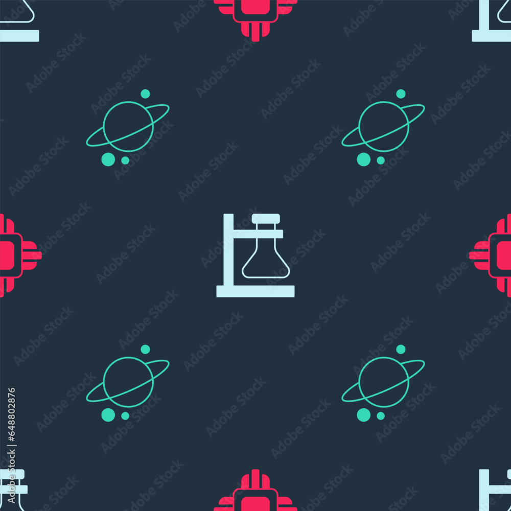 Poster set processor cpu, test tube flask on stand and planet saturn on seamless pattern. vector