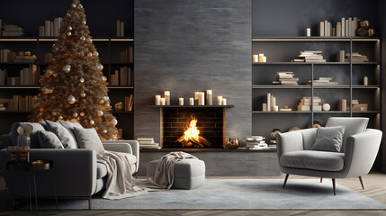 living room with fireplace and Christmas tree