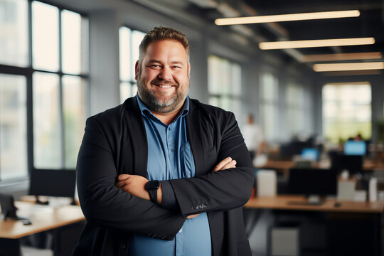 Plus size manager businessman CEO confident and standing front of modern office