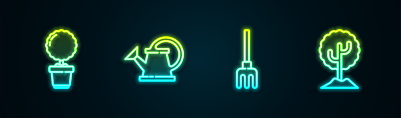 Set line Flower in pot, Watering can, Garden rake and Tree. Glowing neon icon. Vector