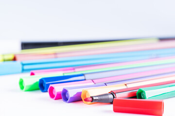 Colorful marker pens set. Kids vivid painting tools, various color palette. Composition with...