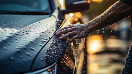 Car washing process with a wet hand and drops of water on the varnish - obrazy, fototapety, plakaty