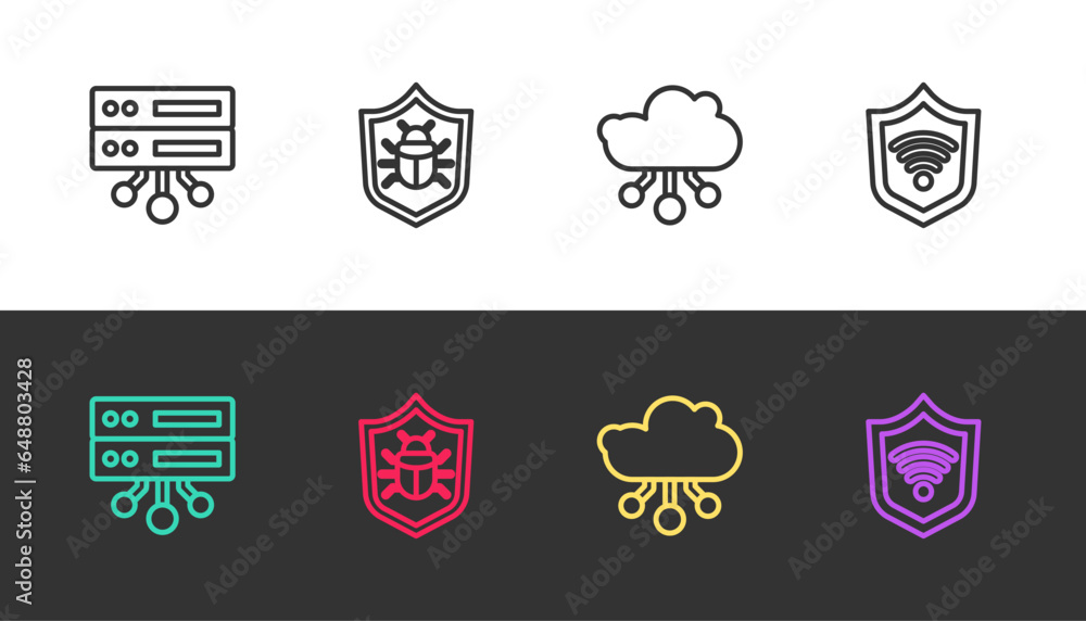 Poster set line server, data, web hosting, system bug, internet of things and shield with wifi wireless on 