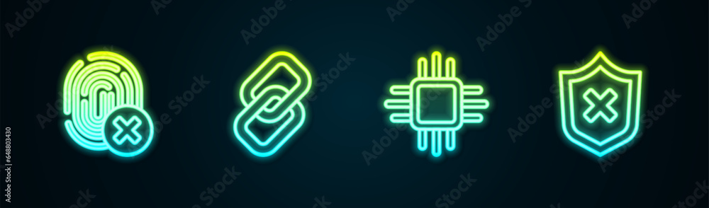 Poster set line cancelled fingerprint, chain link, processor with microcircuits cpu and shield cross mark. 