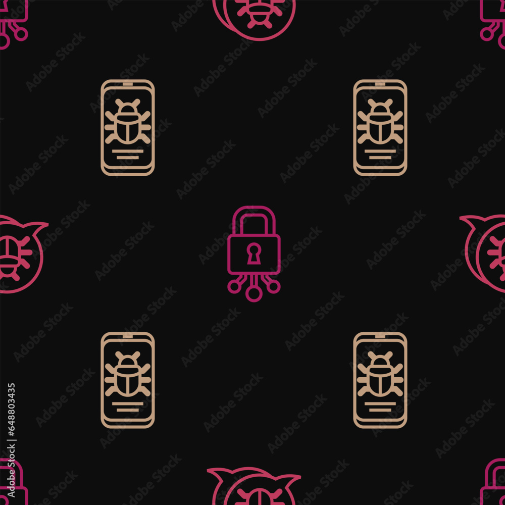 Poster set line system bug, on mobile and cyber security on seamless pattern. vector