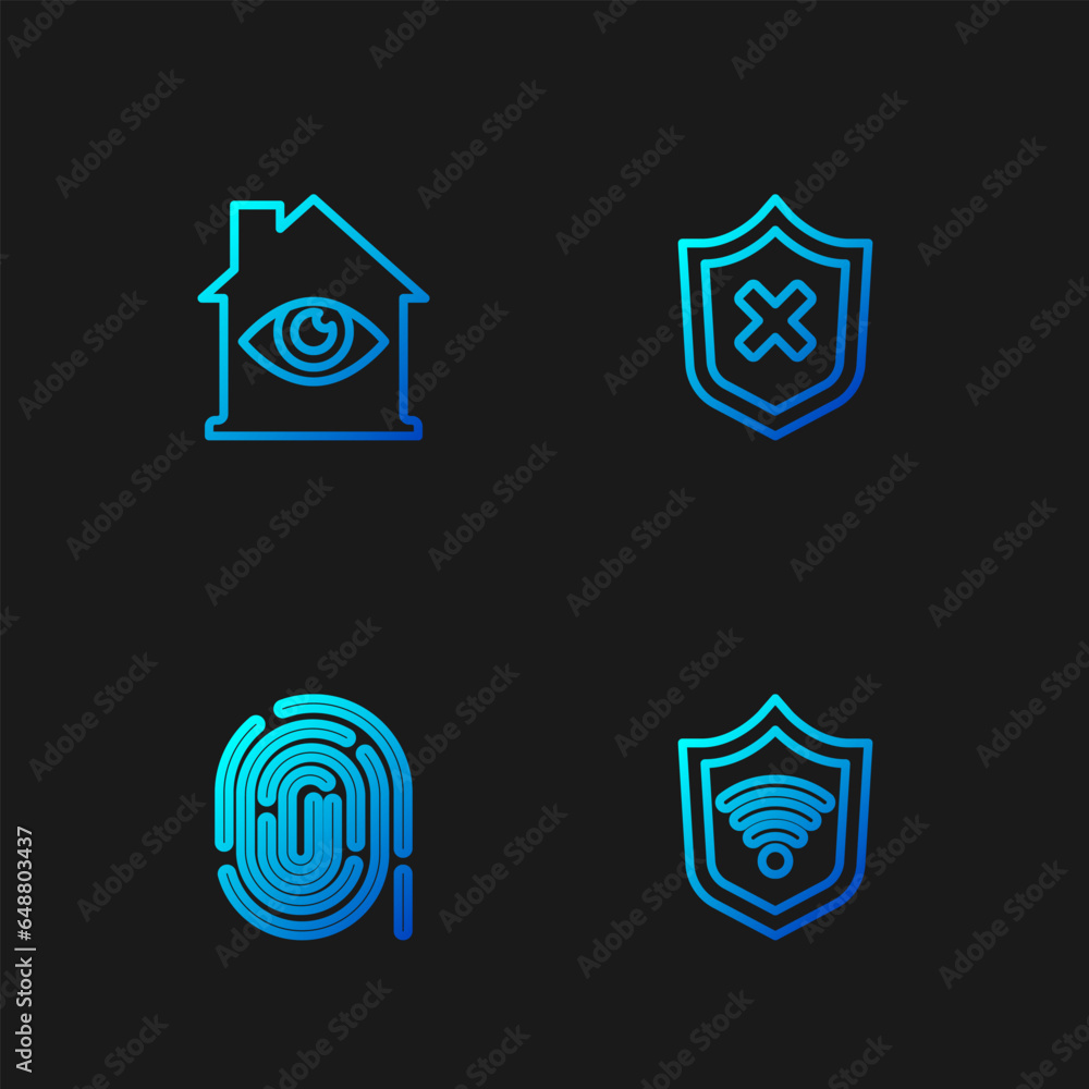 Poster set line shield with wifi wireless, fingerprint, house eye scan and cross mark. gradient color icons