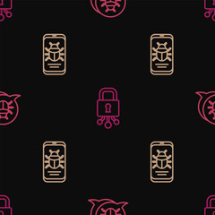 Set line System bug, on mobile and Cyber security on seamless pattern. Vector