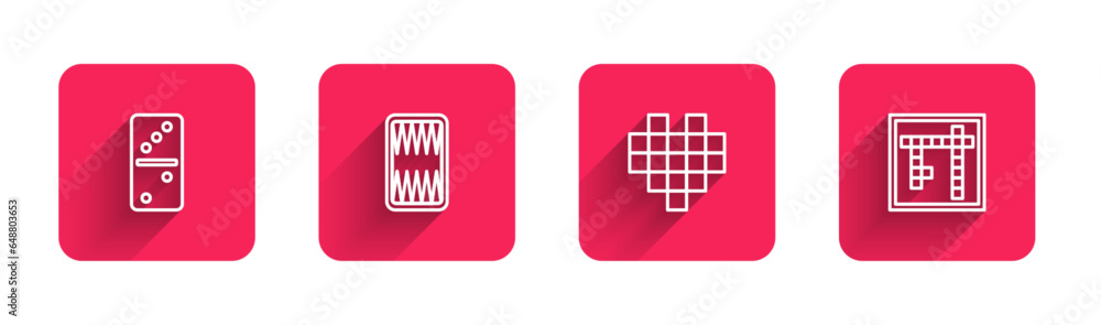 Aufkleber set line domino, backgammon board, pixel hearts for game and bingo with long shadow. red square butt