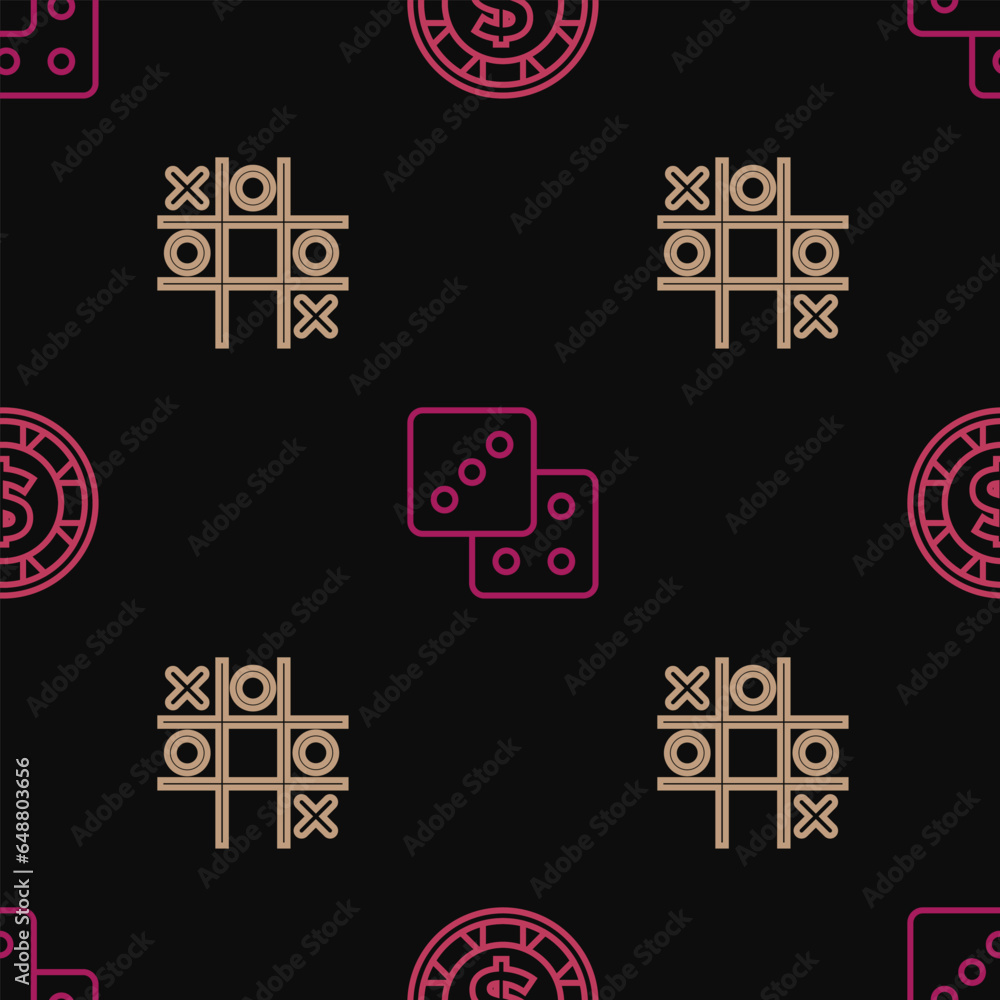 Poster set line casino chip with dollar, tic tac toe game and game dice on seamless pattern. vector