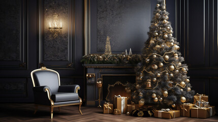 christmas tree with presents next to a fireplace in a luxurious interior