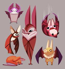 set of illustrations about cute bats in cartoon style for Halloween elements