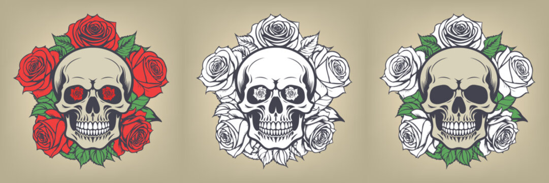 Vector set of human graphic skulls on a background of red, white roses and green leaves. Collection of bones with flower bouquets. Sticker or badge. Holiday, day of the dead.