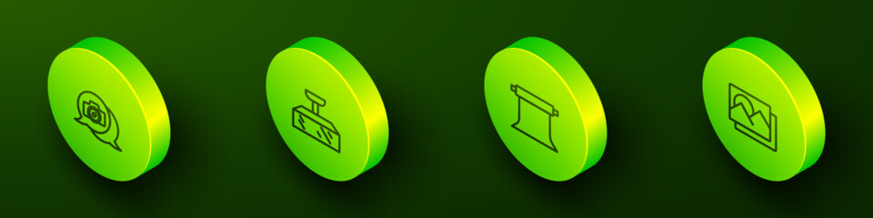 Set Isometric line Photo camera, Softbox light, Empty photo studio and frame icon. Vector