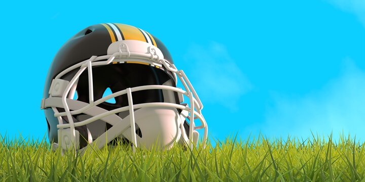 American football helmet with Pittsburgh Steelers team colors. Green grass of footbal field. 3D render