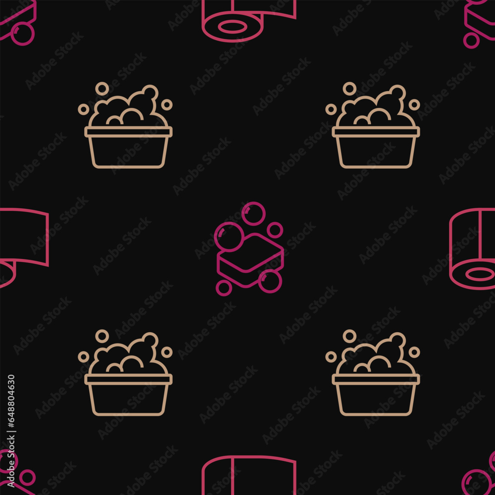 Poster set line toilet paper roll, basin with soap suds and bar of on seamless pattern. vector