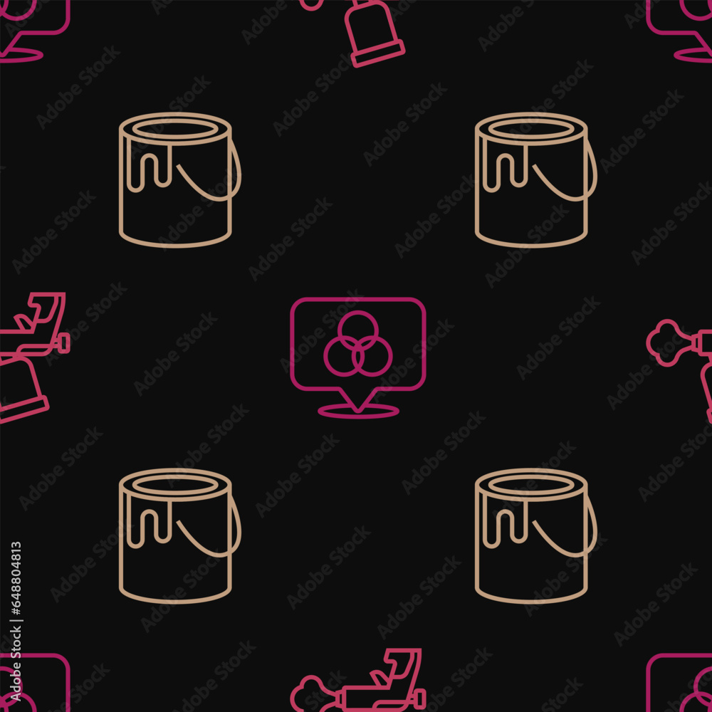 Poster set line paint spray gun, bucket and rgb and cmyk color mixing on seamless pattern. vector