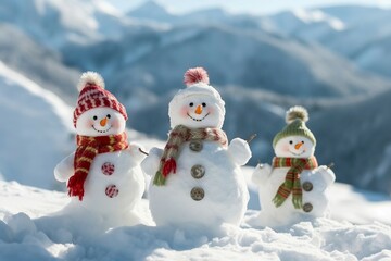 Obraz premium Happy snowmans in mountains, copy space. generative ai.