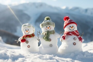 Happy snowmans in mountains, copy space. generative ai.