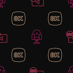 Set line Hd movie, tape, frame, 8k Ultra HD and Director chair on seamless pattern. Vector